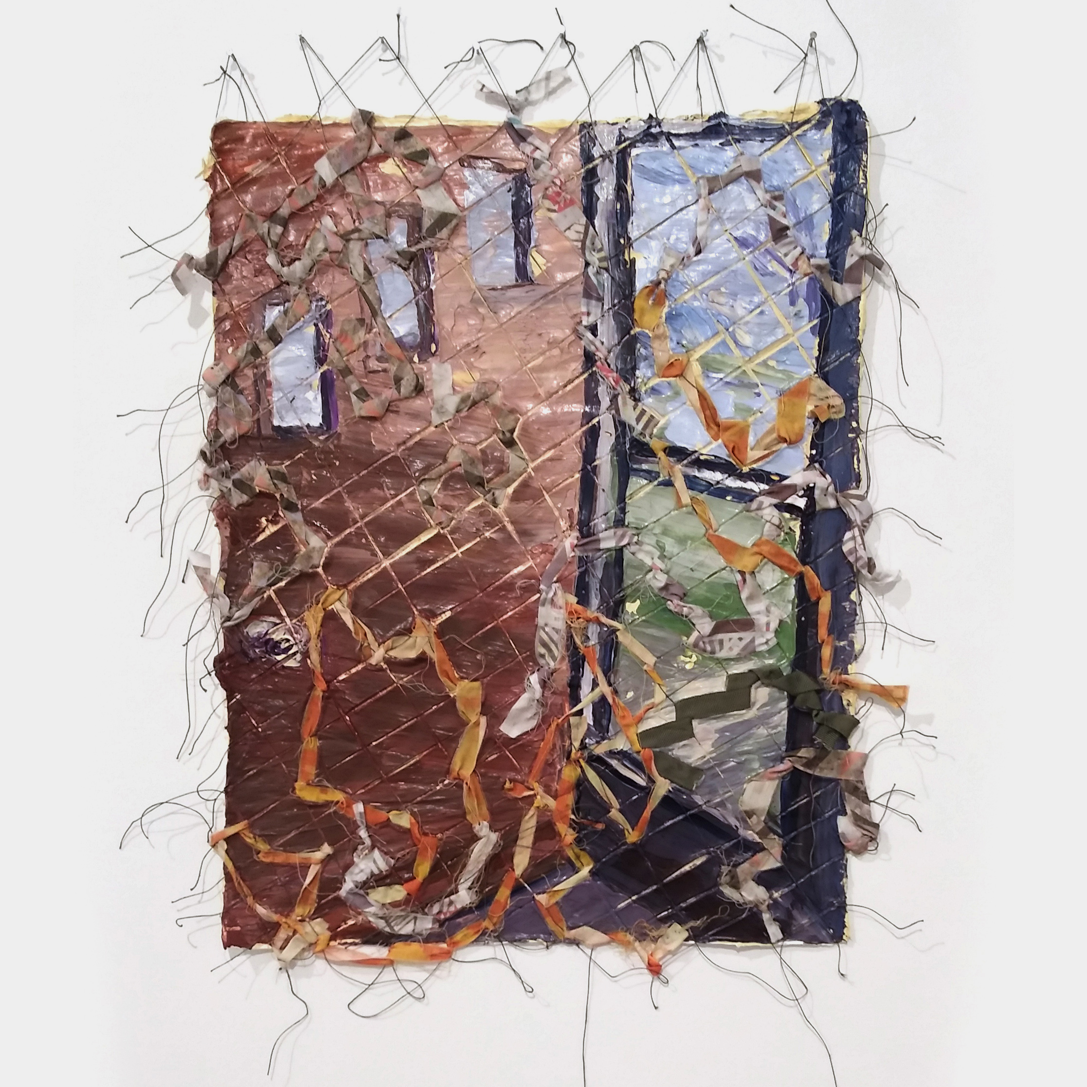 Netting (front door, Ogden Street), 2025, acrylic, ribbon, fabric, thread, 15 x 11 in.